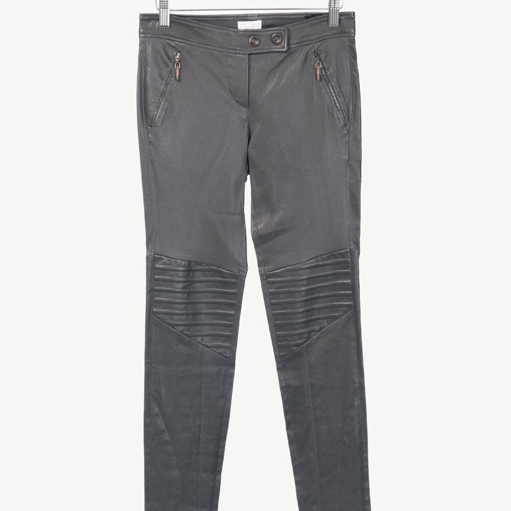 Brunello Cucinelli Grey Leather Quilted Moto Skinny Pants